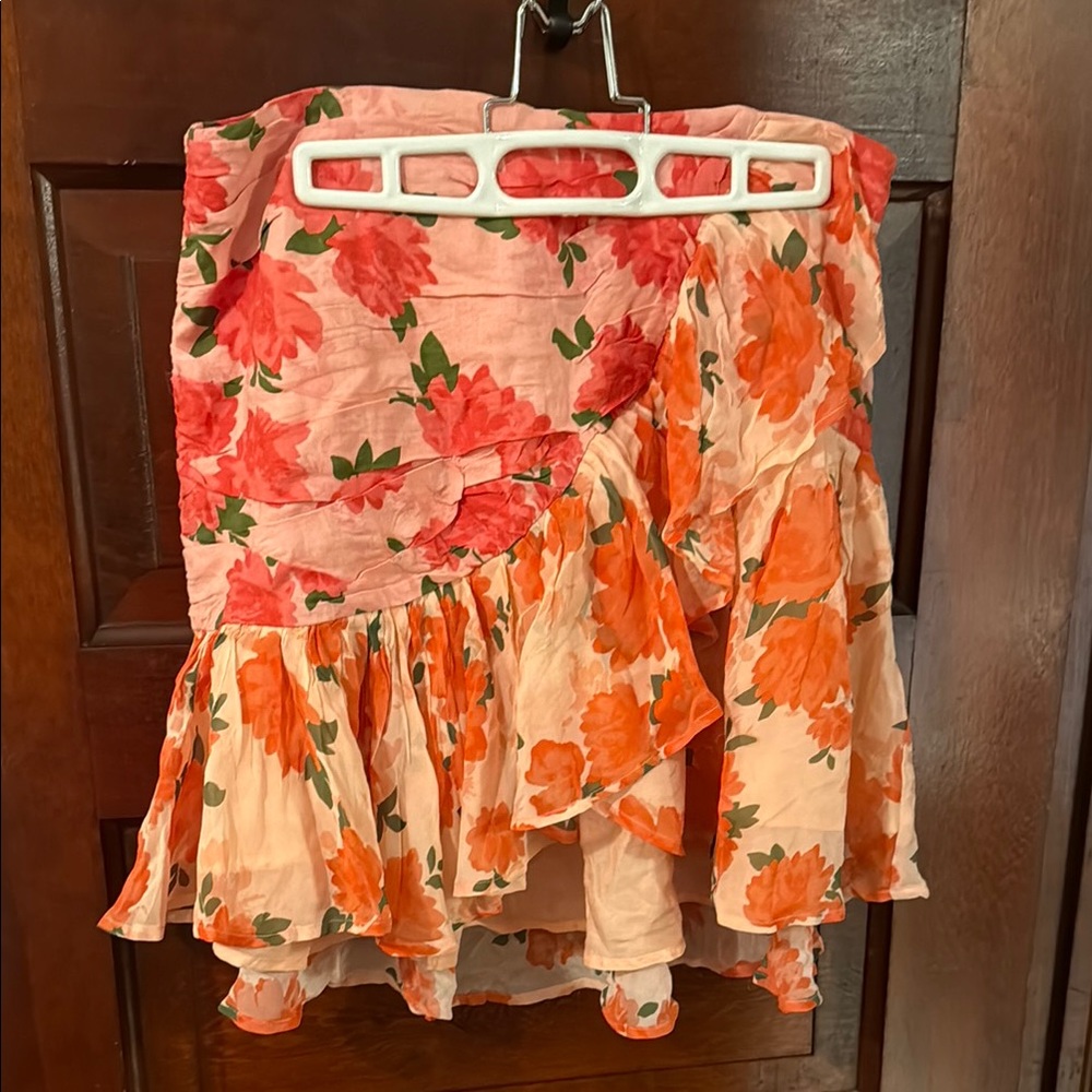 Maeve Asymmetrical Ruffled Mini Skirt in Pink and Orange
